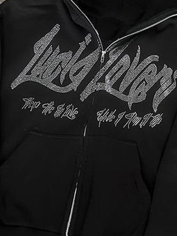 Men's Street Rhinestone Print Full Zip Oversized Hoodie Product Image