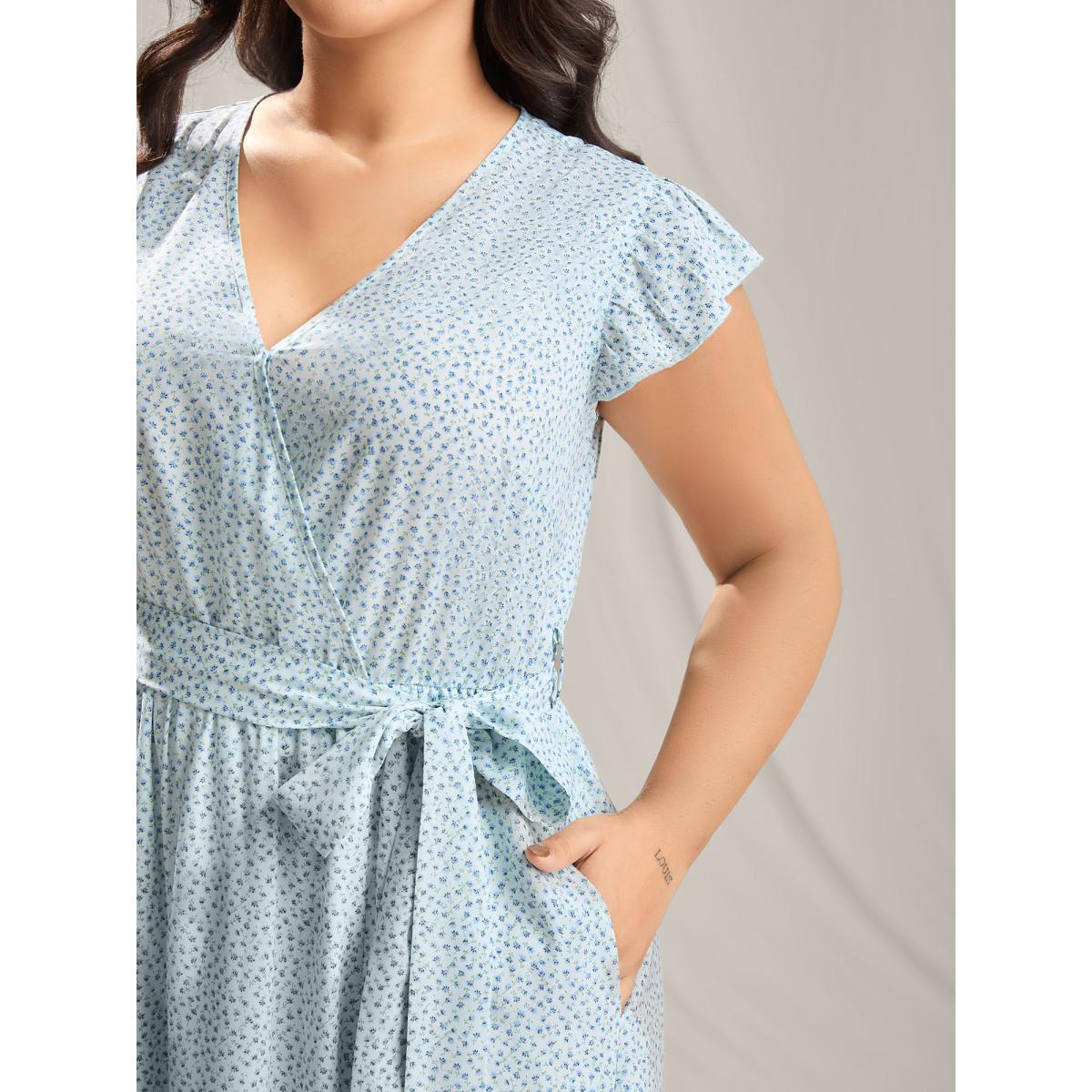 Plus Size Floral Print Slit Belted Maxi Dress LightBlue Women Overlap Collar Cap Sleeve Curvy BloomChic 30/6X Product Image