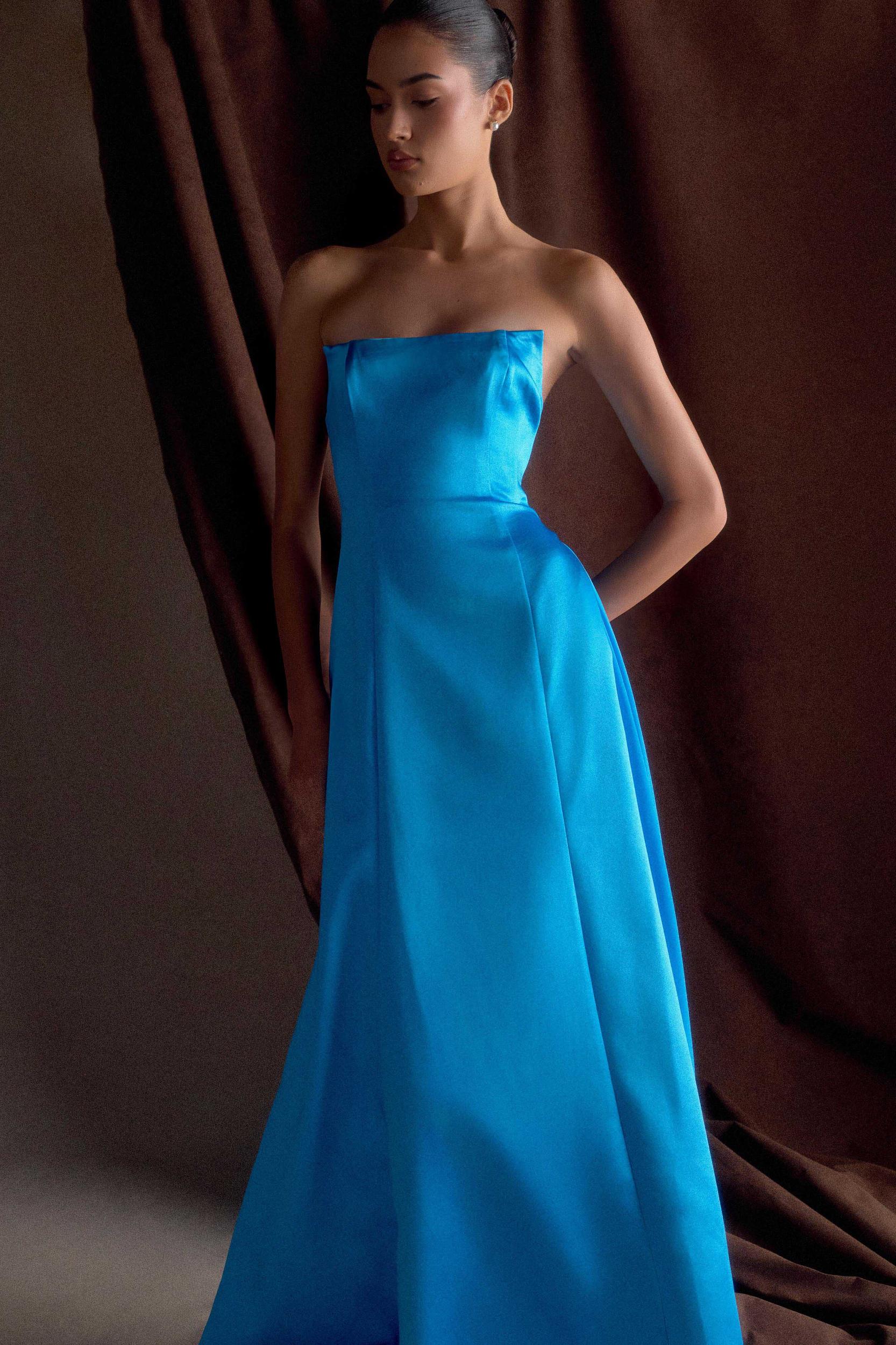 Rosella Satin Strapless Maxi Dress - Cyan Blue Product Image