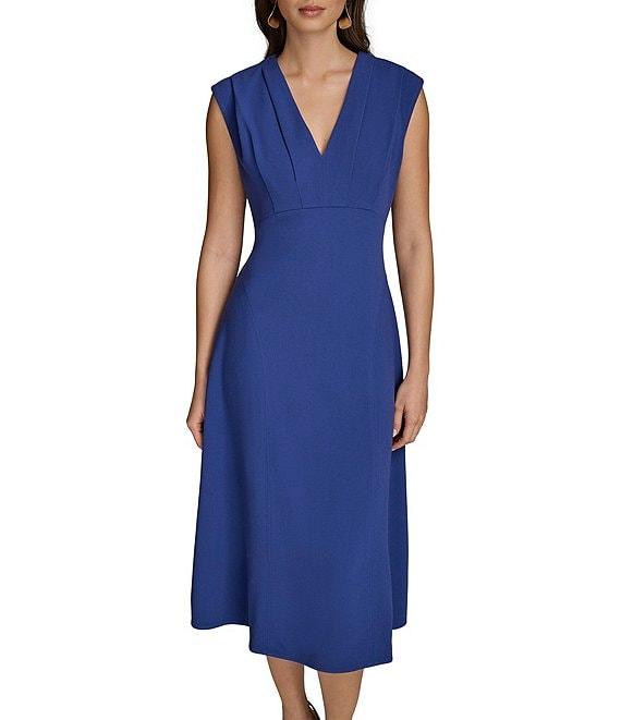 Donna Karan V-Neck Cap Sleeve Cady Crepe A-Line Midi Dress Product Image