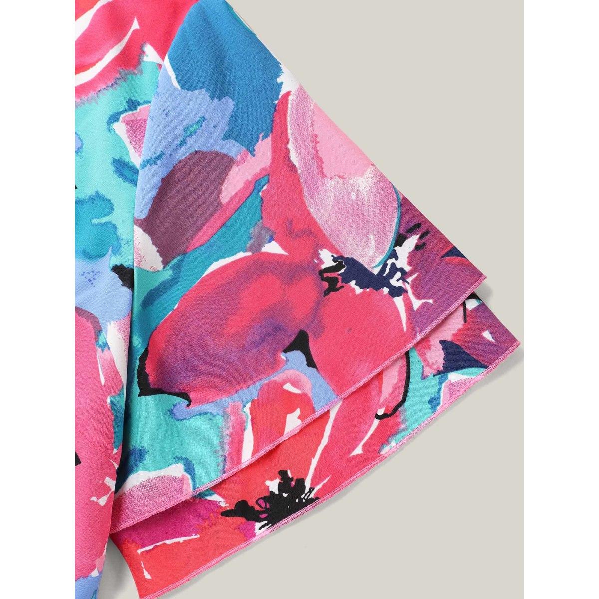 Plus Size Multi-Color Floral V-Neck Pockets Midi Dress Skyblue Women Elegant Ruffles V-neck Short sleeve Curvy BloomChic 12/L Product Image