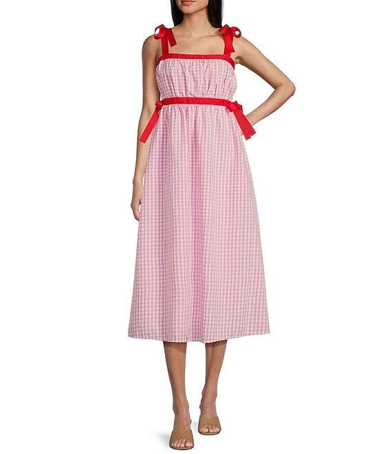 TCEC Gingham Square Neck Tie Shoulder Midi Dress Product Image