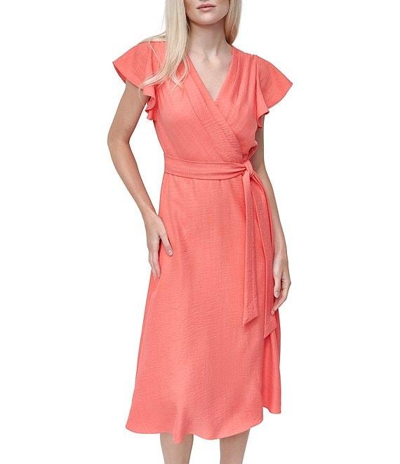 DKNY by Donna Karan Flutter Sleeve V Neck Woven Faux Wrap Midi Dress Product Image
