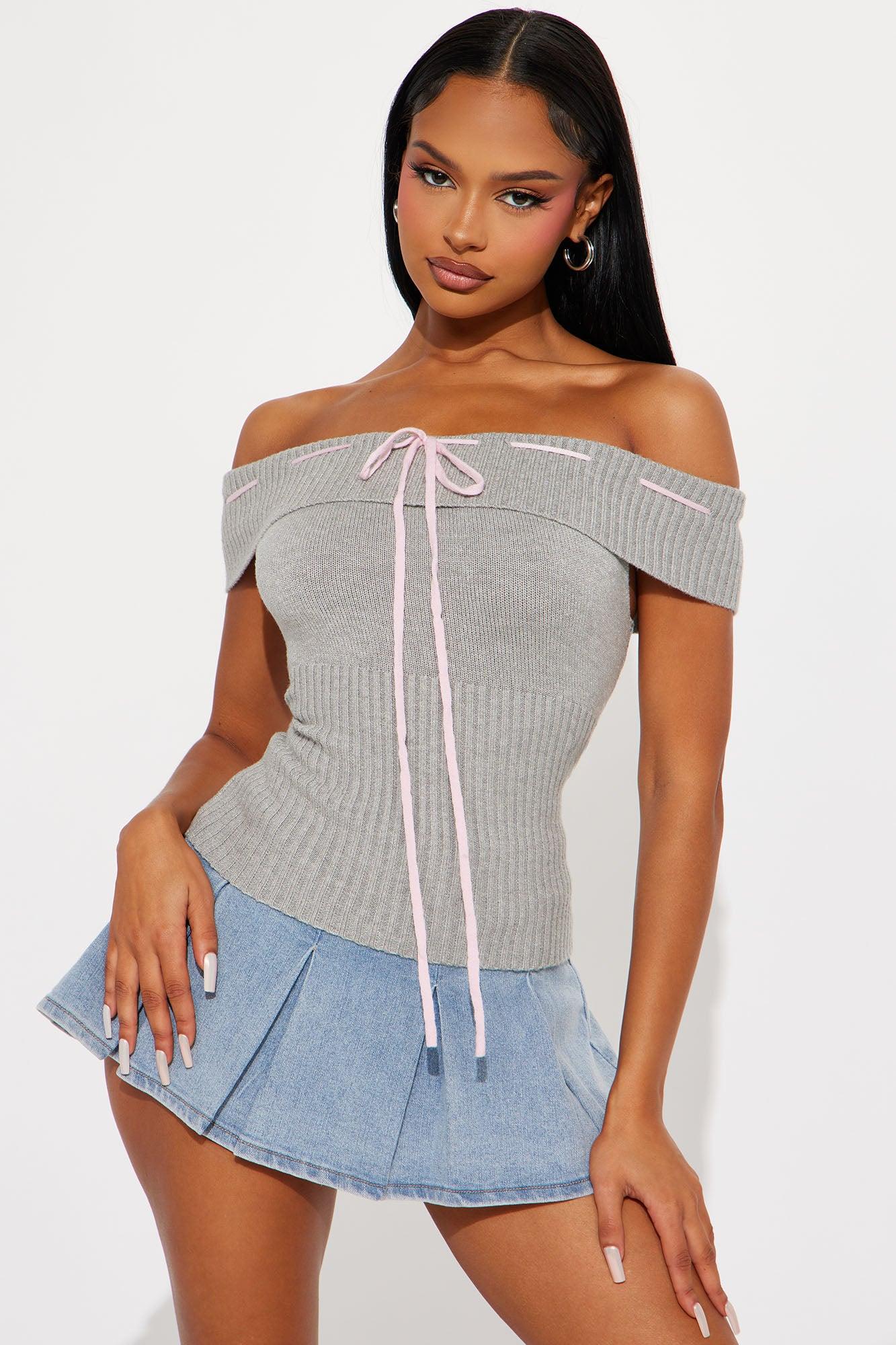 Girly Pop Off Shoulder Sweater Top - Grey/combo Product Image