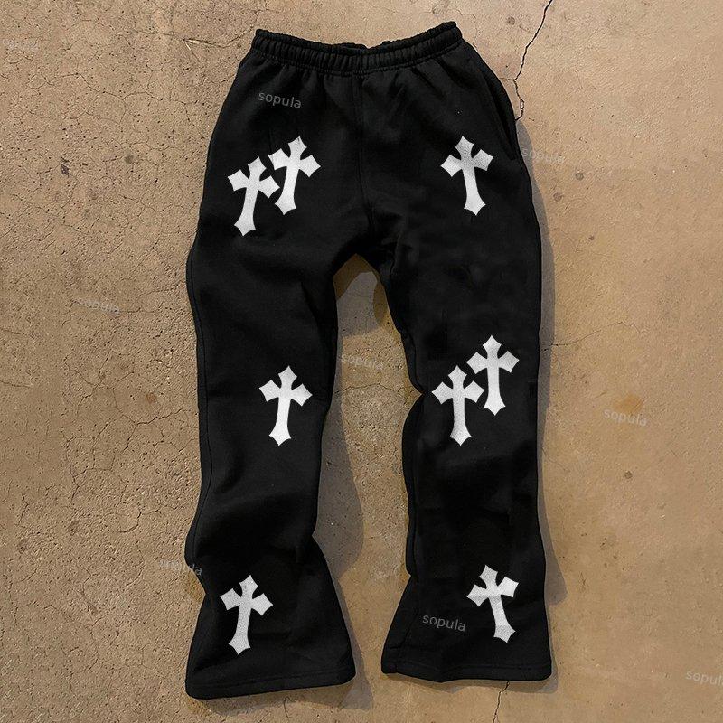Sopula Vintage Cross Print Graphic Flared Sweats Trousers Product Image