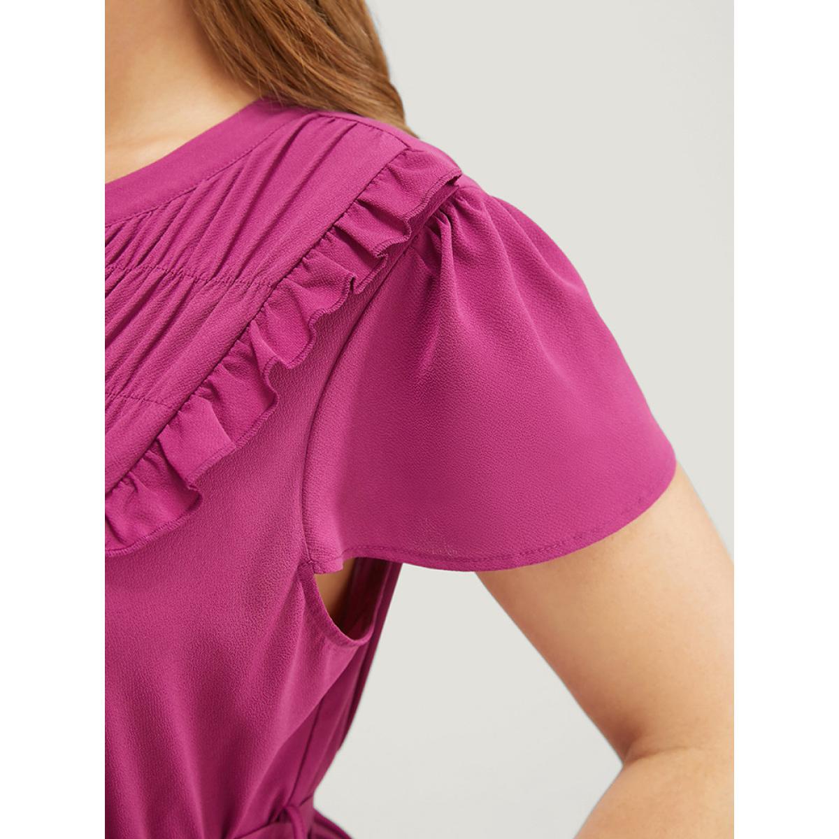 Plus Size Plain Notched Shirred Frill Trim Pocket Belted Dress RedViolet Women Office Gathered Notched collar Short sleeve Curvy Midi Dress BloomChic 12/L Product Image