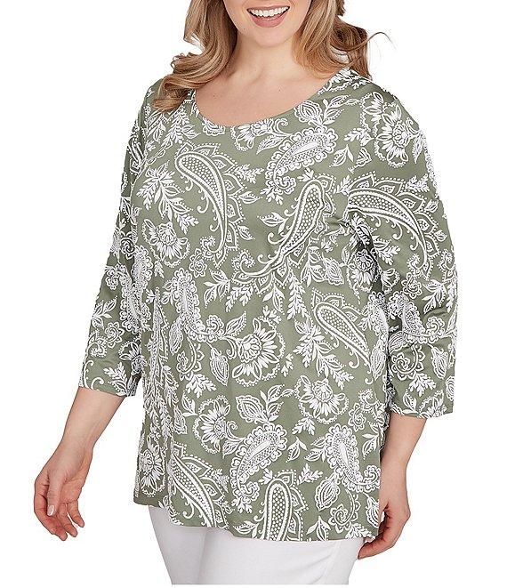 Ruby Rd. Plus Size Jacobean Print Scoop Neck 3/4 Sleeve Top Product Image