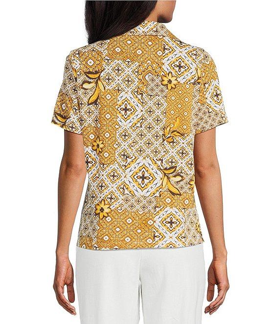 Investments Petite Size Knit Mosaic Patchwork Short Sleeve Button Front Notch Collar Camp Top Product Image