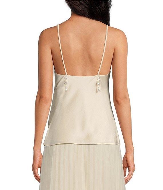 Tara Jarmon Tess Woven Satin Scoop Neck Pearl Detail Spaghetti Strap Tank Top Product Image