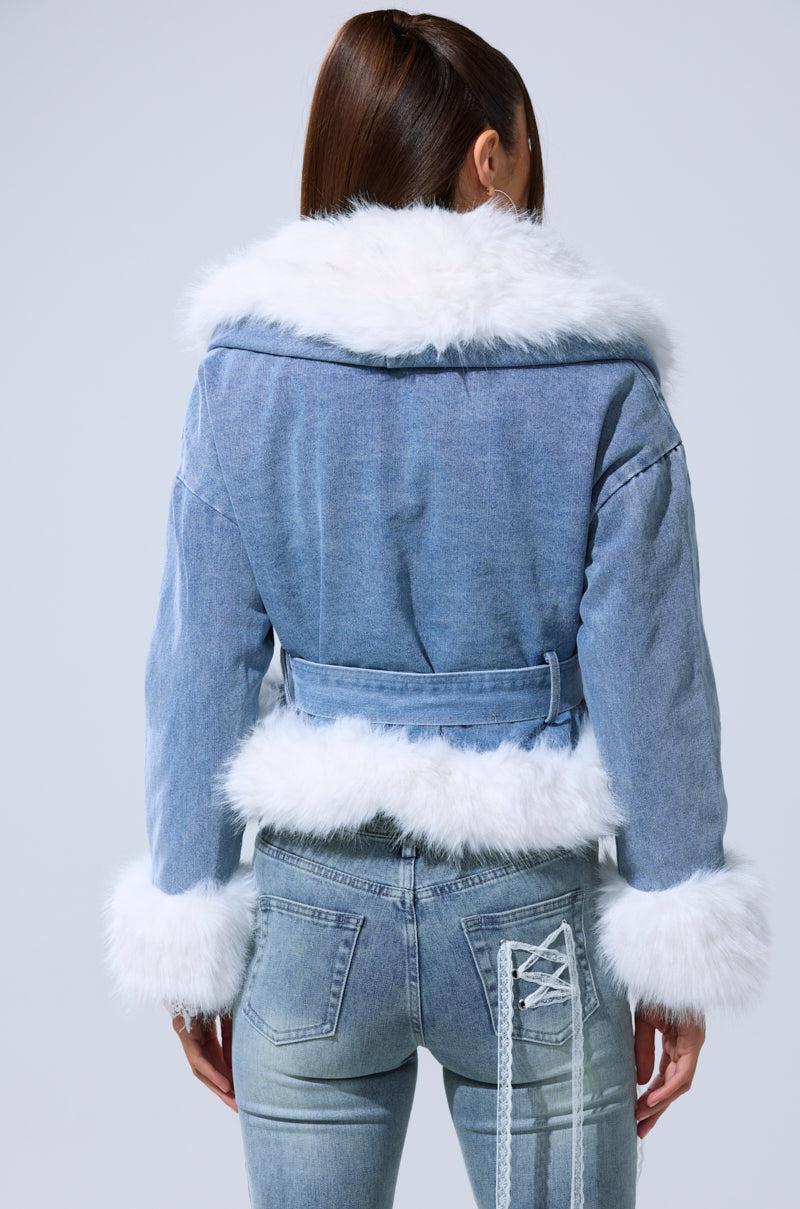 LAINEY FUR TRIM DENIM MOTO Product Image