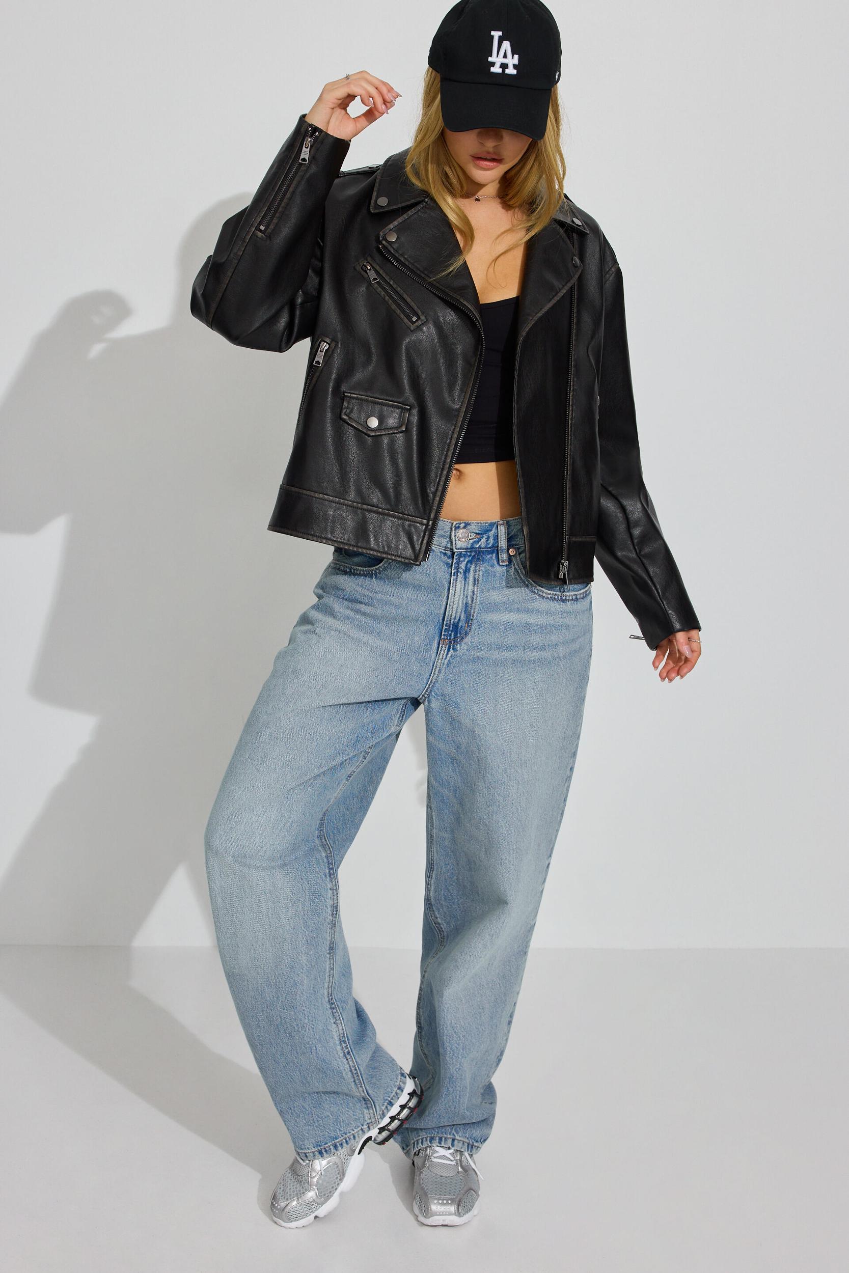 Washed Faux Leather Biker Jacket Product Image