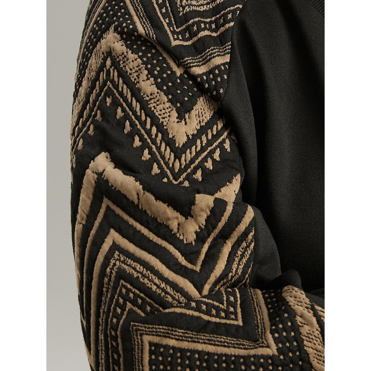 Plus Size Geometric Patchwork Texture Rib Knit Sweatshirt Women Black Casual Rib Knit Round Neck Dailywear Sweatshirts BloomChic 26/4X Product Image