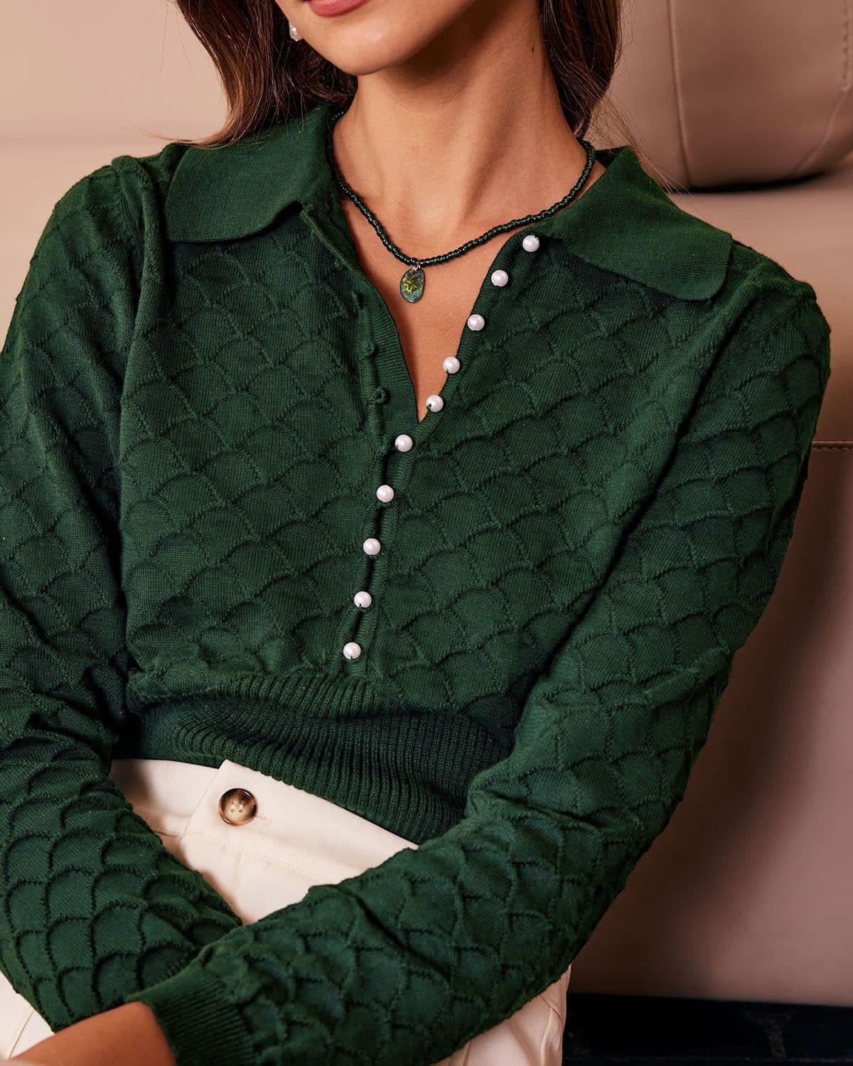 The Dark Green Lapel Ribbed Textured Knit Top Product Image