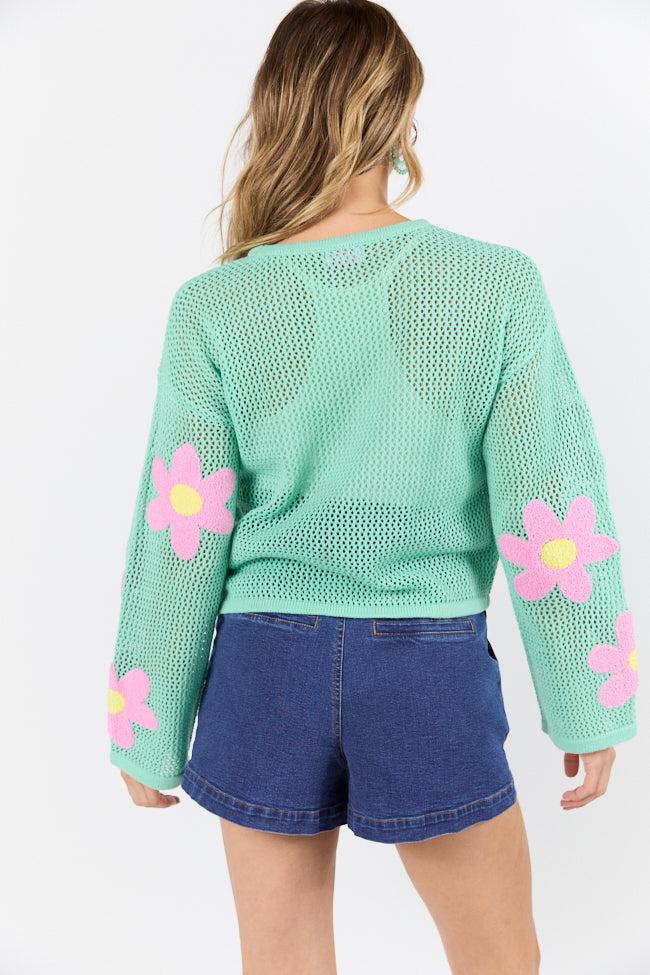 Follow You Around Mint And Pink Flower Embroidered Sweater FINAL SALE Product Image