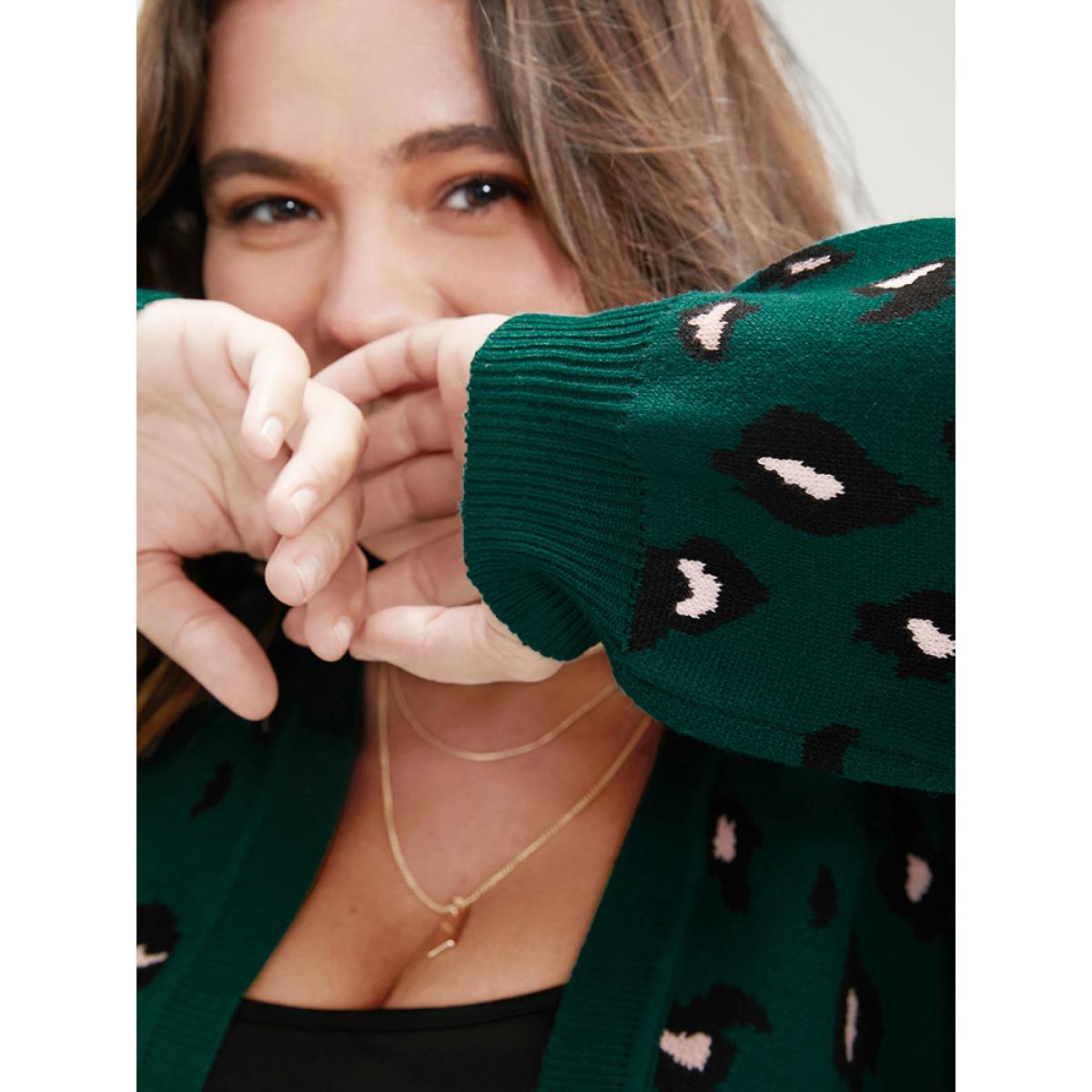 Plus Size Leopard Super Soft Knit Pocket Jacquard Open Front Cardigan DarkGreen Women Casual Long Sleeve Dailywear Cardigans BloomChic 28/5X Product Image