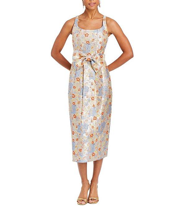 Mestiza New York Audrey Metallic Jacquard Scoop Neck Sleeveless Bow Front Midi Dress Product Image