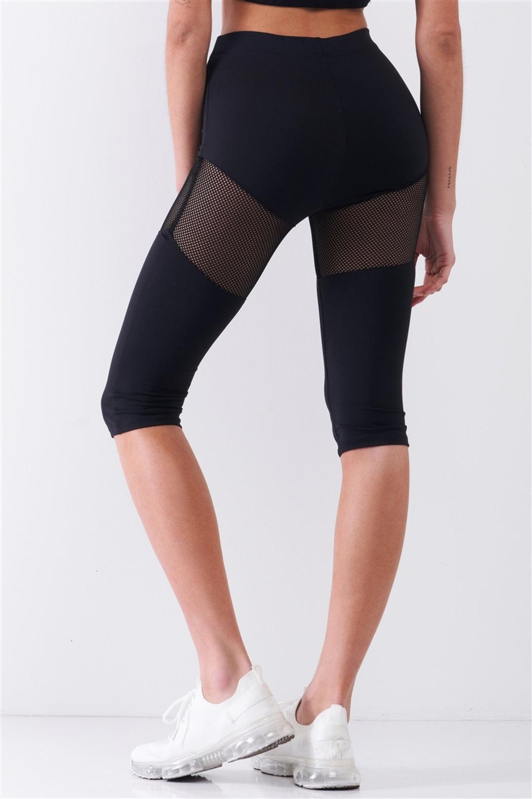 Black High Waist Sheer Mesh Sports Midi Legging Pants Product Image