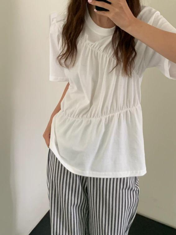 Short Sleeve Plain Ruched Loose-Fit T-Shirt Product Image
