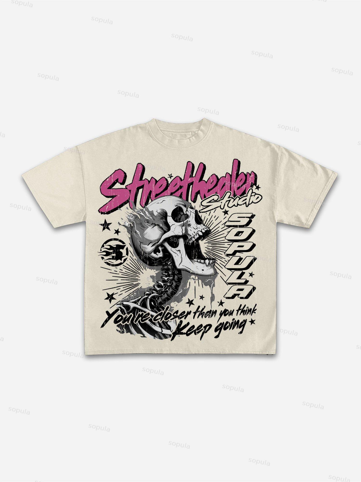 Street Healer Flaming Skulls Old Vintage Graphic Cotton T-shirt Product Image