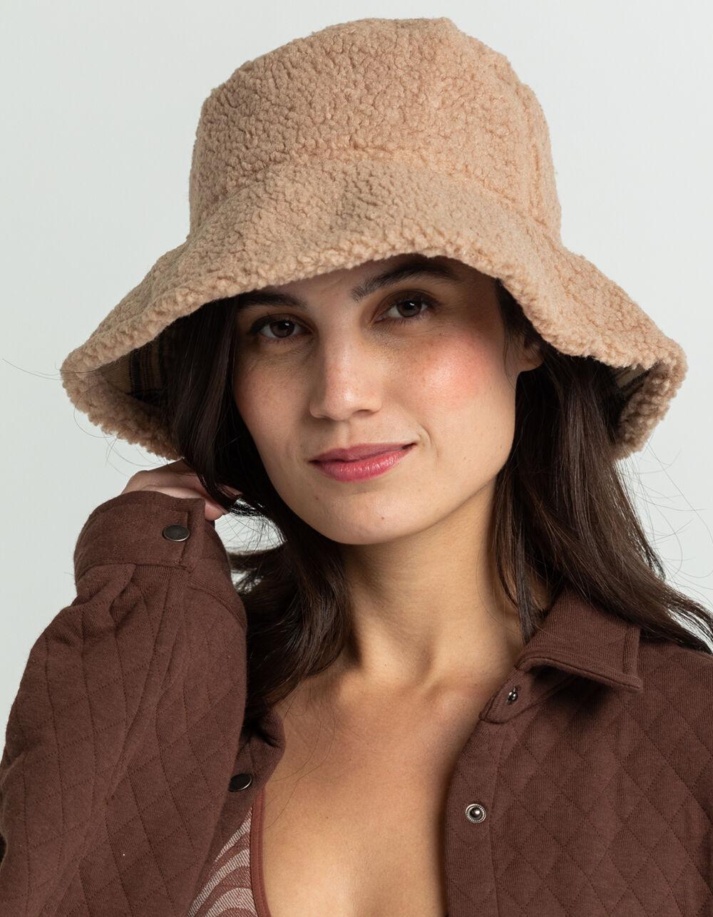 Reversible Plaid/Sherpa Bucket Hat - TAN Product Image