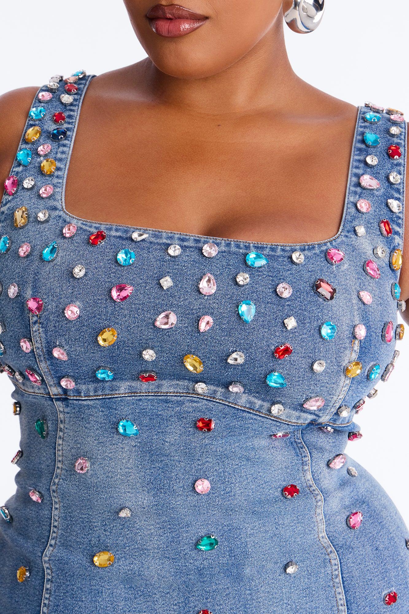What A Gem Rhinestone Denim Mini Dress - Denim Female Product Image