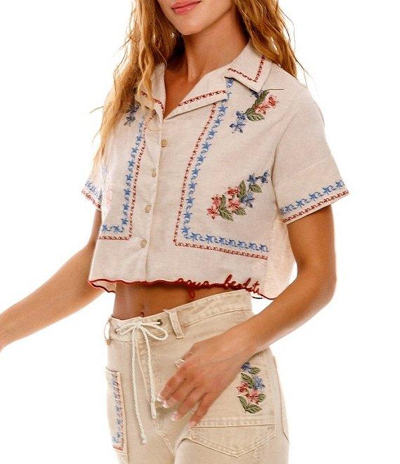 Agua Bendita Itsy Blush Floral Embroidered Notch Collar Short Sleeve Crop Shirt Product Image