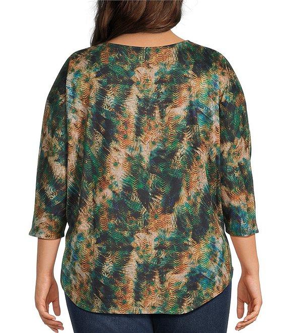 Leo & Nicole Plus Size Hacci Knit Peacock Express Print Crew Neck 3/4 Dolman Sleeve Top Product Image