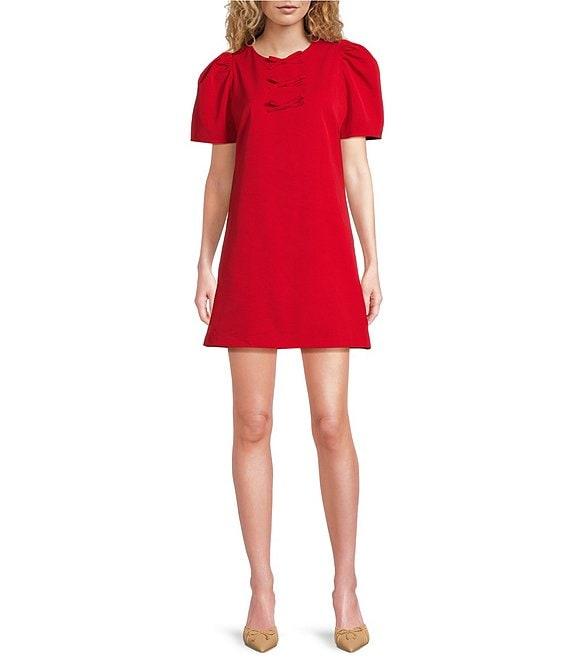 Abbey Glass Marty Crew Neck Short Puff Sleeve Bow Mini Shift Dress Product Image
