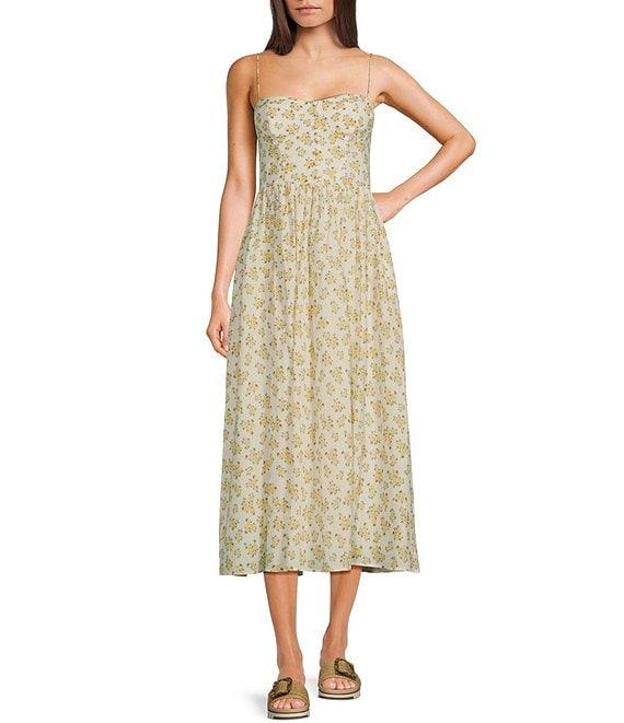 B. Darlin Floral Print Sweetheart Neck Spaghetti Strap Bustier Shirred Midi Dress Product Image