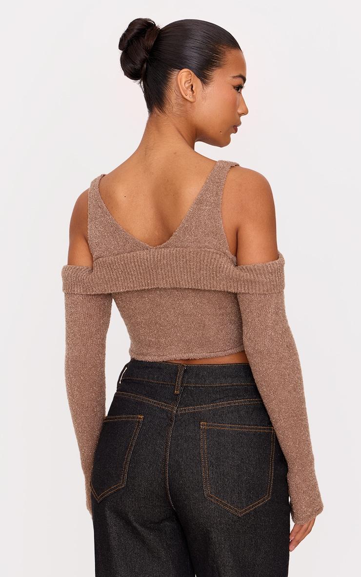 Taupe Boucle Knit Cold Shoulder Button Up Top Product Image