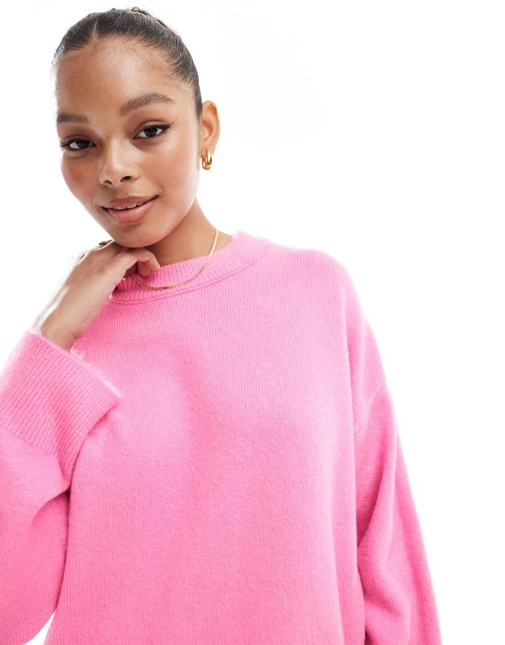 ASOS DESIGN boxy crew neck sweater in pink Product Image