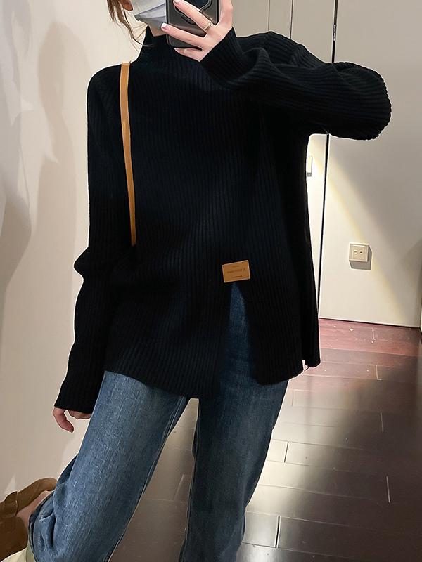 Long Sleeves Loose Split-Front Mock Neck Pullovers Sweater Tops Product Image