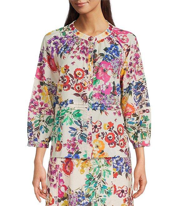 JOHNNY WAS Embroidery Pintuck Pleat Detail Mixed Floral Print V-Neck 3/4 Sleeve Cotton Coordinating Blouse Product Image