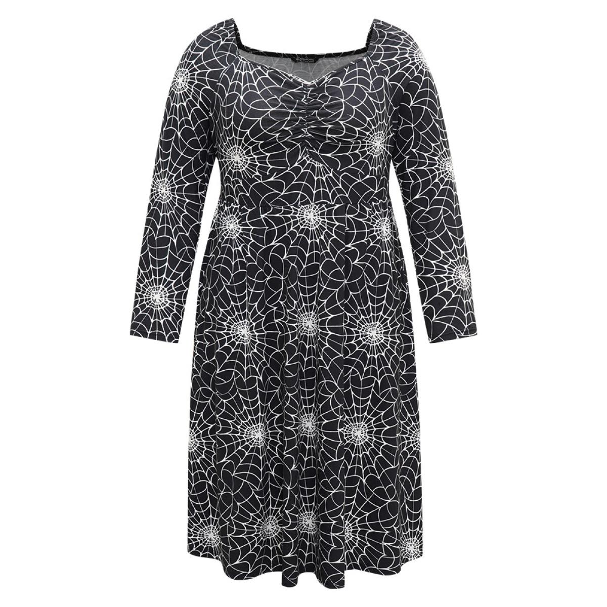 Plus Size Halloween Spider Web Pocket Square Neck Dress Black Women Casual Gathered Square Neck Long Sleeve Curvy Midi Dress BloomChic 10/M Product Image