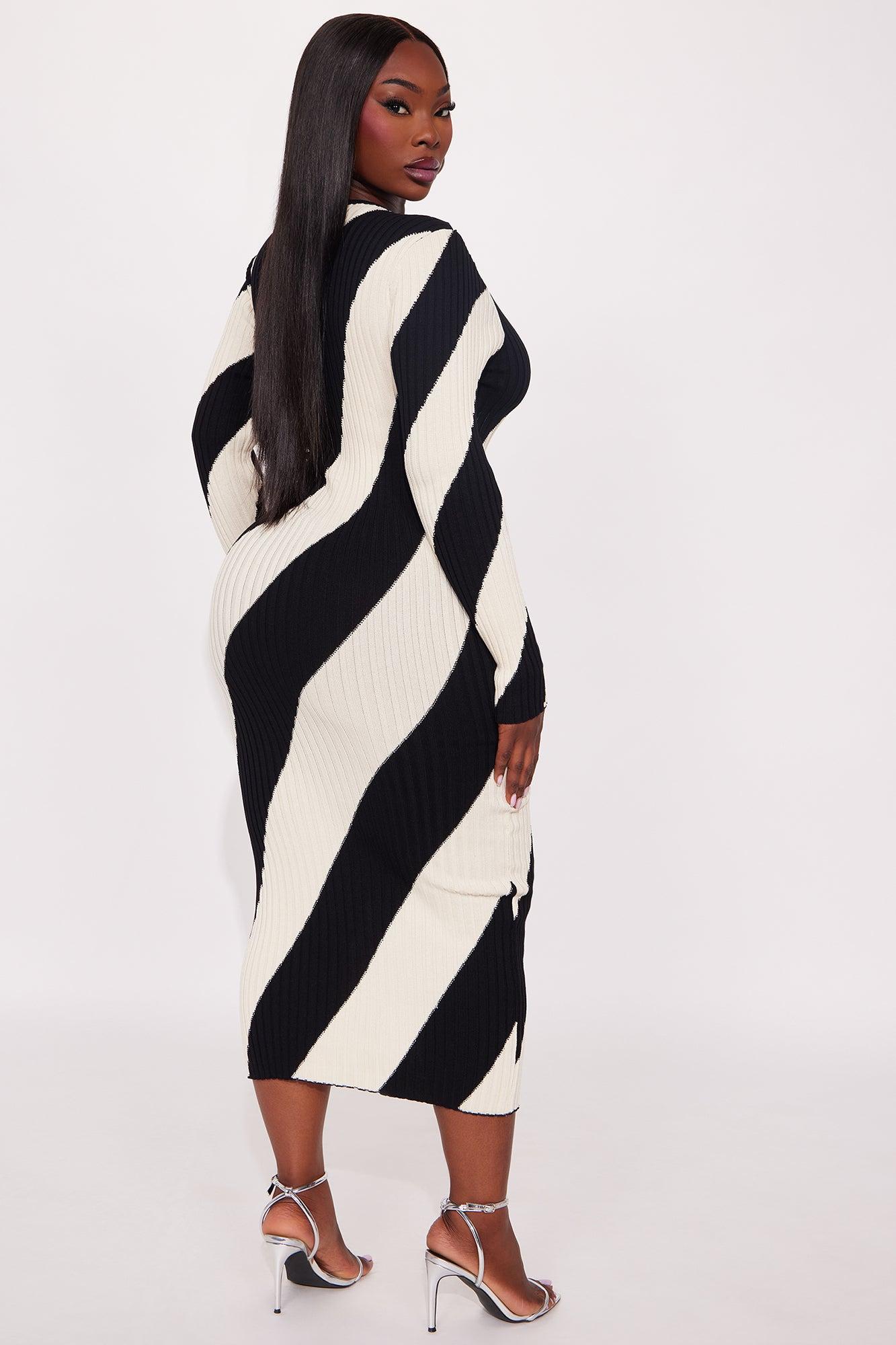 Kiana Striped Ribbed Midi Dress - Black/White Female Product Image
