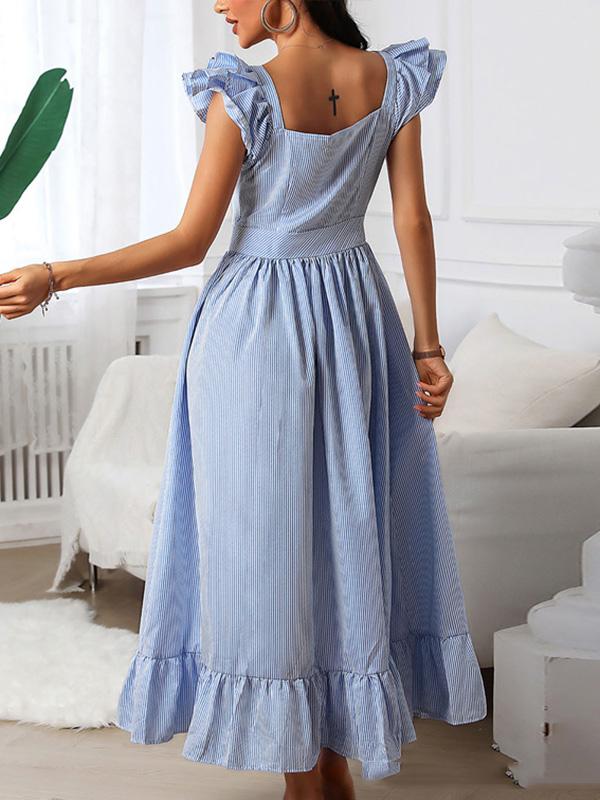 A-Line Loose Buttoned Pleated Ruffle Trim Striped Square-Neck Maxi Dresses Product Image