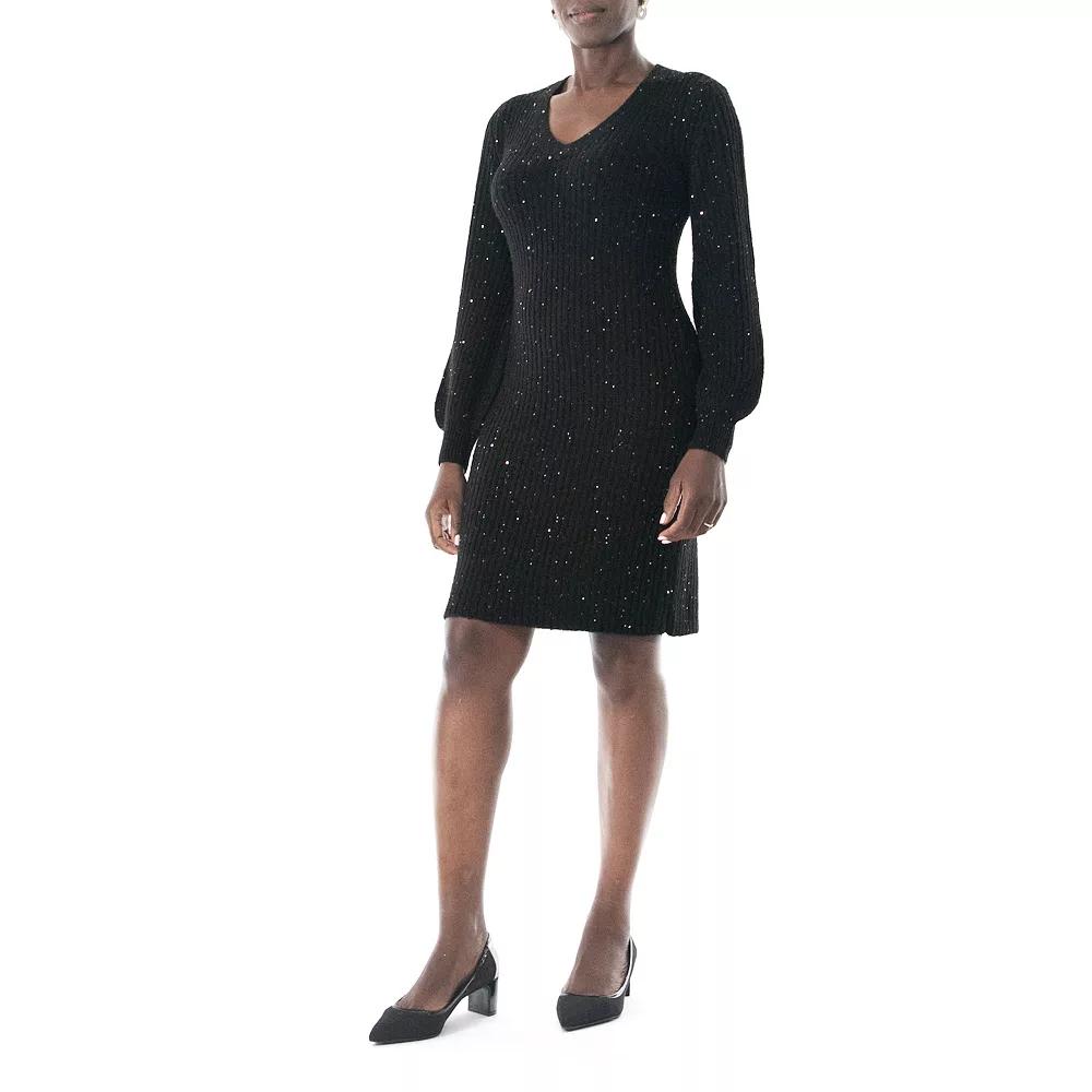 Women's Nina Leonard Sequin Sweater Dress, Size: Large, Black Product Image