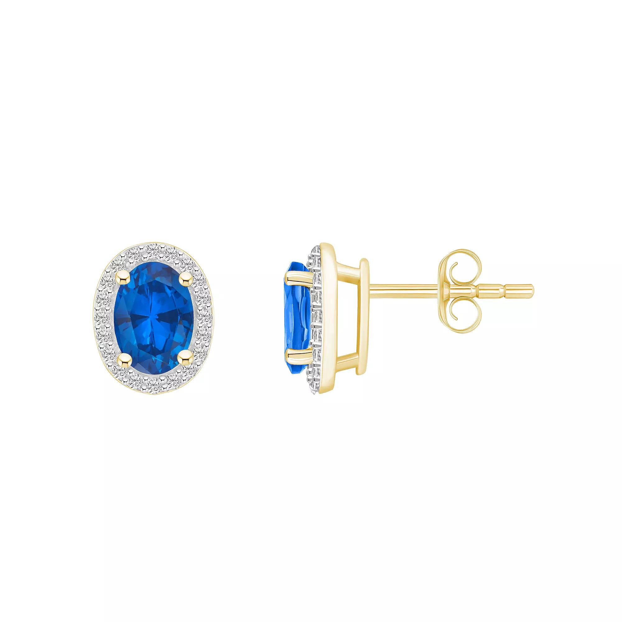 Celebration Gems 10k Gold Oval Gemstone & Lab-Created White Sapphire Halo Stud Earrings, Women's, Created Blue Product Image