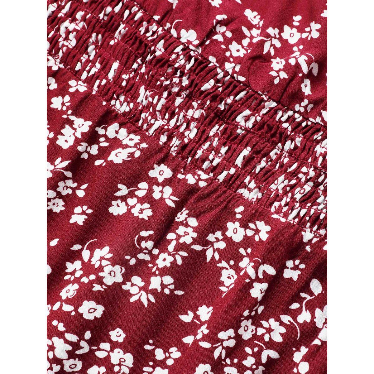 Plus Size Ditsy Floral Split Hem Puff Sleeve Dress Crimson Women Elegant Tie knot Square Neck Short sleeve Curvy BloomChic 26/4X Product Image