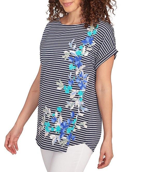 Ruby Rd. Soft Jersey Knit Floral Stripe Boat Neck Short Cuff Sleeve Top Product Image