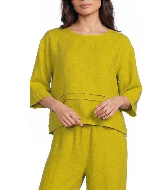 Bryn Walker Light Linen Round Neck 3/4 Sleeve Pintuck Shirt Product Image