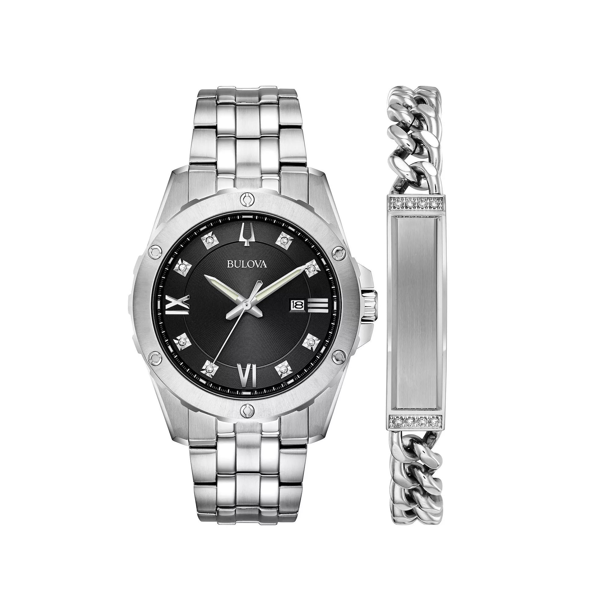 Mens Bulova Stainless Diamond Accent Watch and ID Bracelet Box Set Silver Product Image