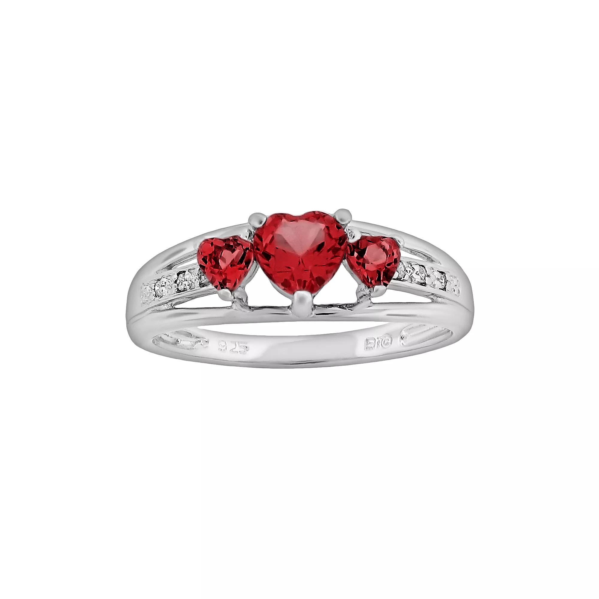 Gemminded Sterling Silver Lab-Created Emerald and Diamond Accent Heart 3-Stone Ring, Women's,  Product Image