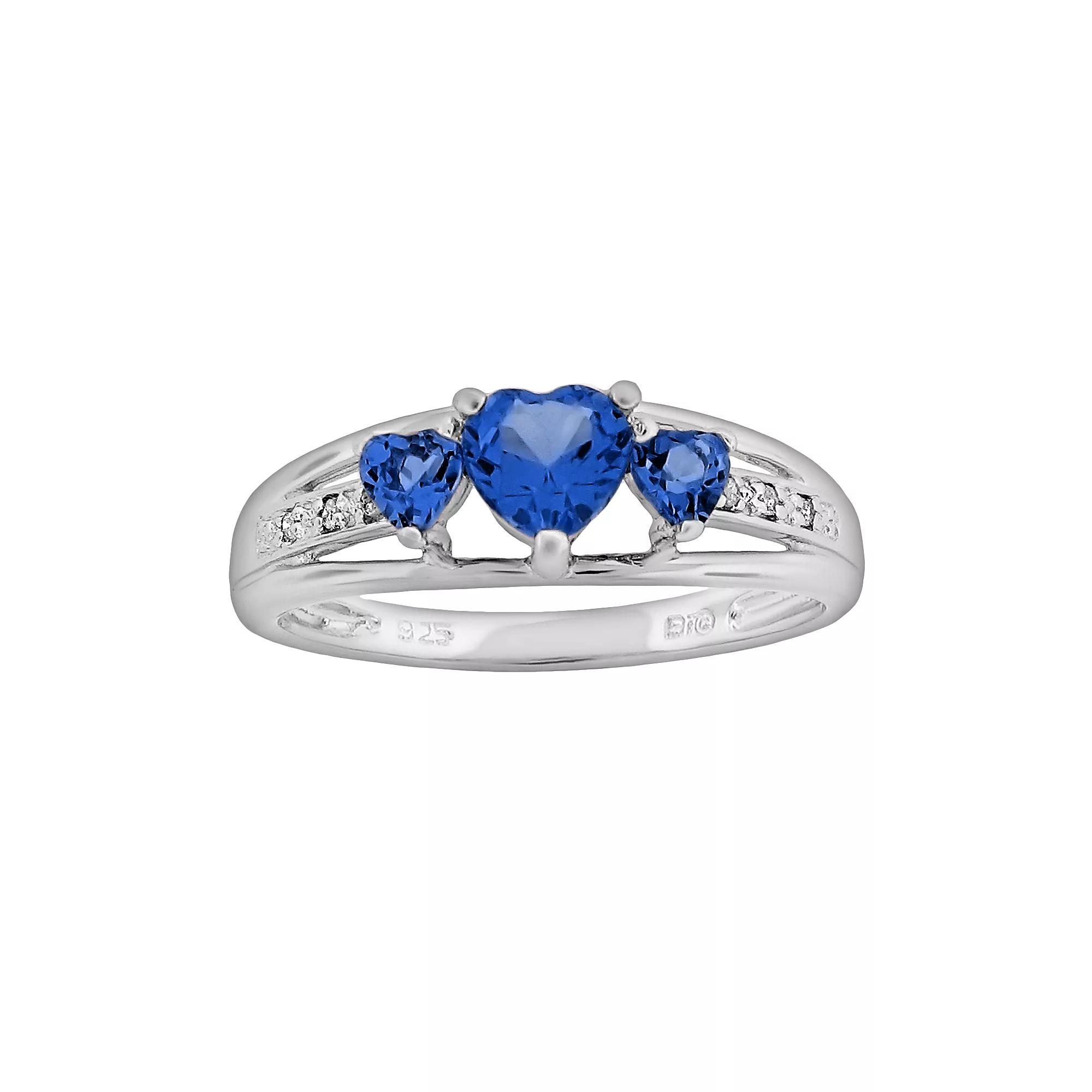 Gemminded Sterling Silver Lab-Created Emerald and Diamond Accent Heart 3-Stone Ring, Women's,  Product Image