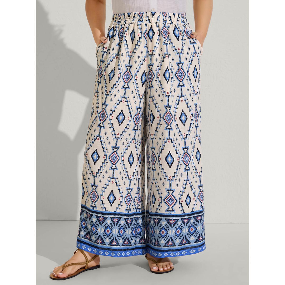 Plus Size Boho Print Pockets Wide-Leg Pants Women LightBlue Resort Wide Leg Mid Rise Vacation Pants BloomChic 22-24/3X Product Image