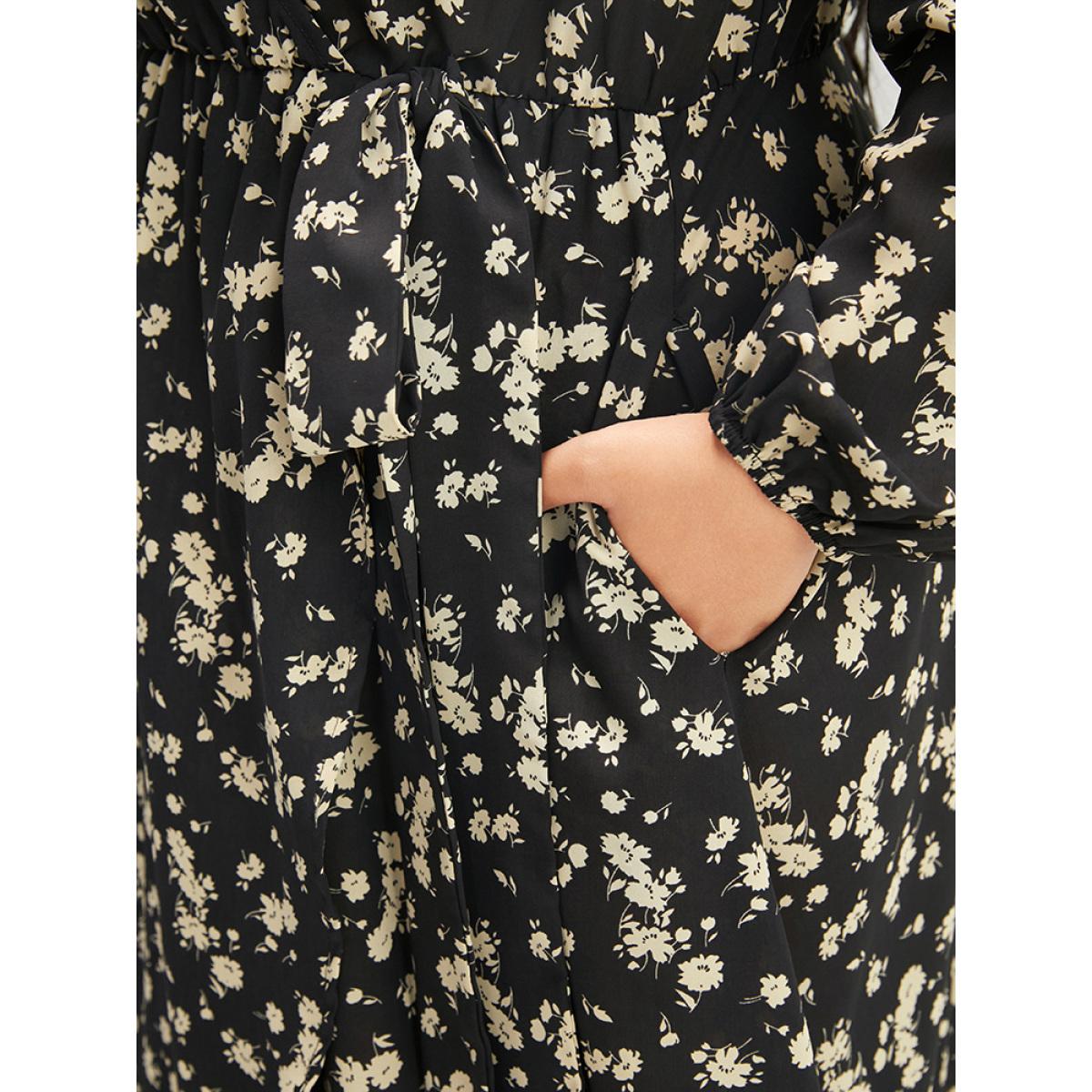 Plus Size Floral Wrap Lantern Sleeve Pocket Asymmetrical Hem Dress Black Women Elegant Cross straps V-neck Long Sleeve Curvy Long Dress BloomChic 26/4X Product Image