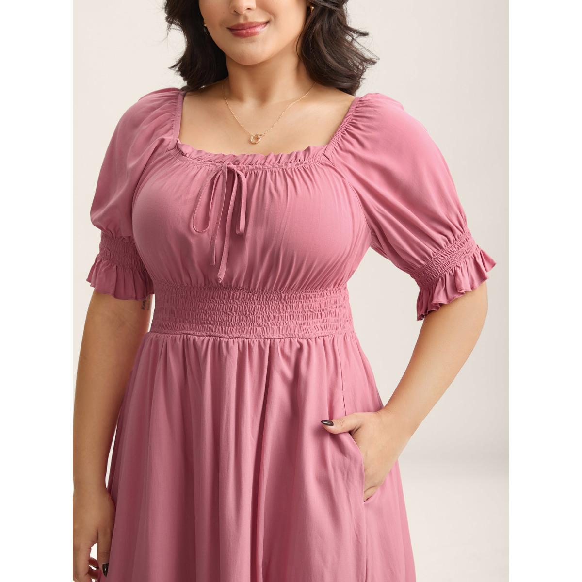 Plus Size Rayon Stretchy Waist Pockets Milkmaid Dress Watermelon Women Romantic Square Neck Short sleeve Curvy BloomChic 22-24/3X Product Image