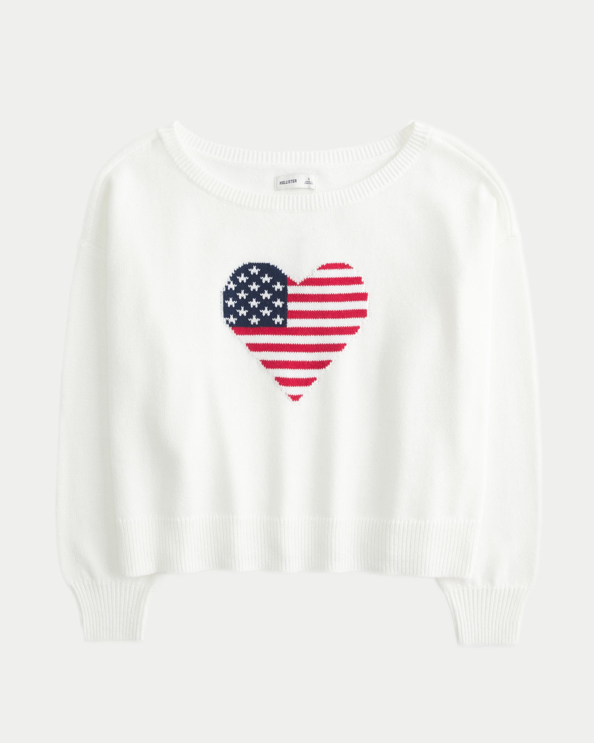 Easy Off-the-Shoulder Heart Flag Graphic Sweater Product Image