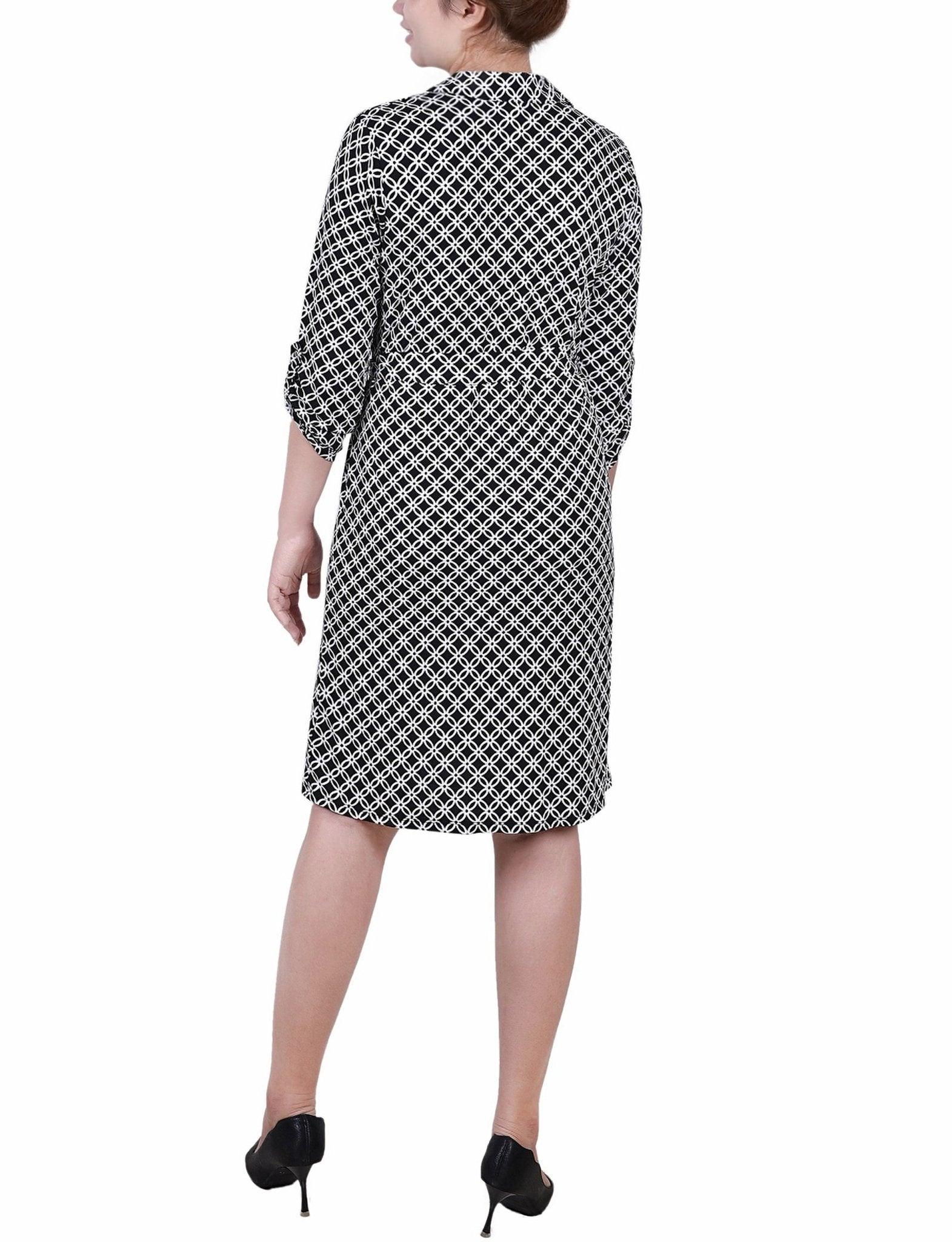 Black White Iconic 3/4 Roll Tab Sleeve Belted Shirtdress - Petite Product Image