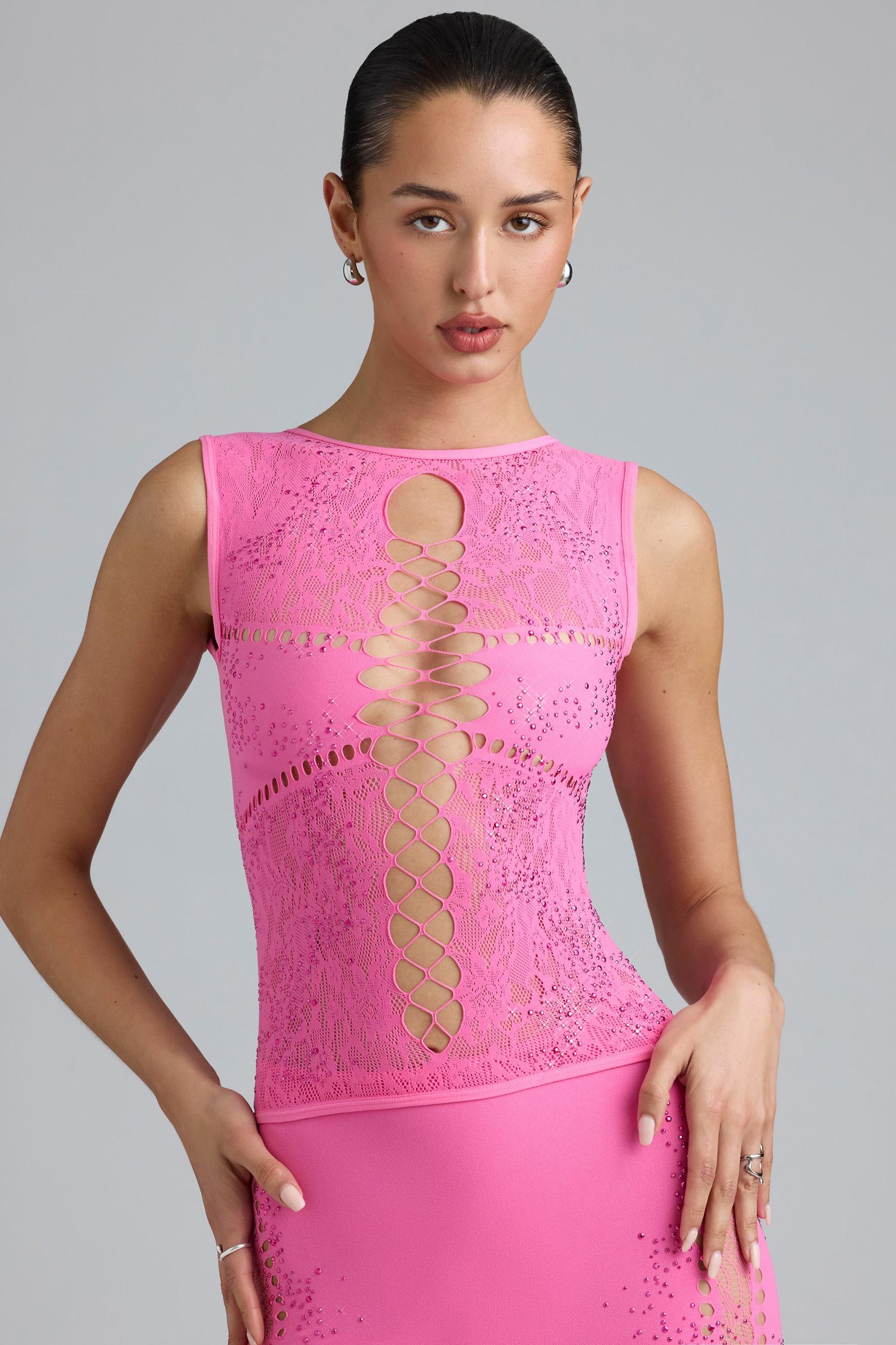Embellished Lace-Up High-Neck Top in Bubblegum Pink Product Image